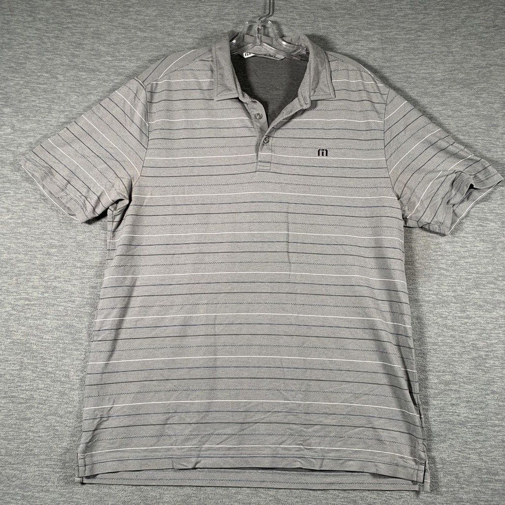 Travis Mathew Polo Shirt Mens Large Gray Stripe Golf Performance Short Sleeve